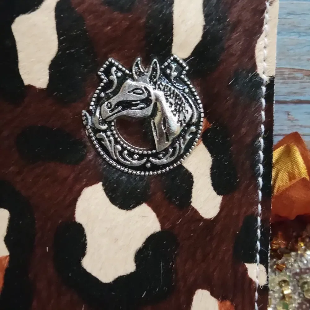 Horse Concho Mens Wallet Cowhide Long Bifold, Genuine Leather Wild Cat Print